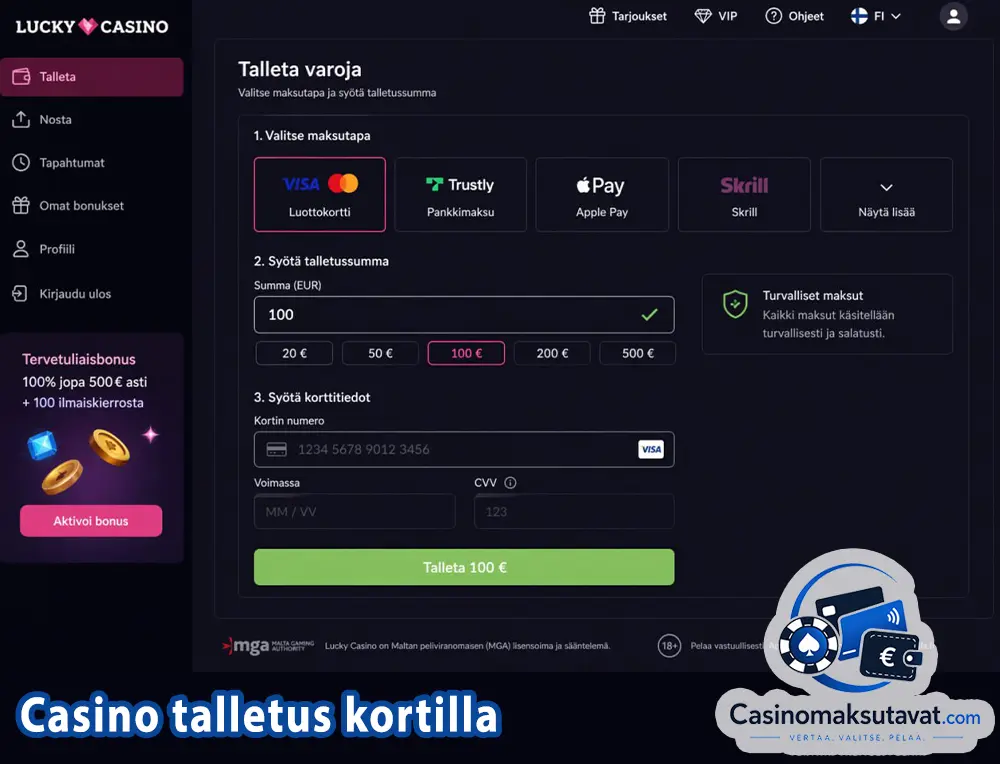 Casino talletus kortilla