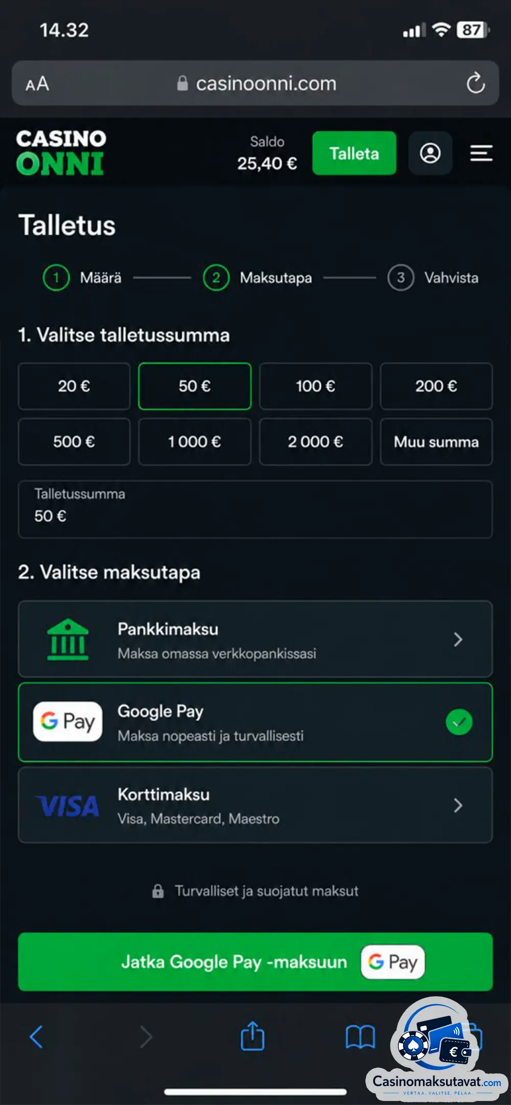 Google Pay talletus kasinolle