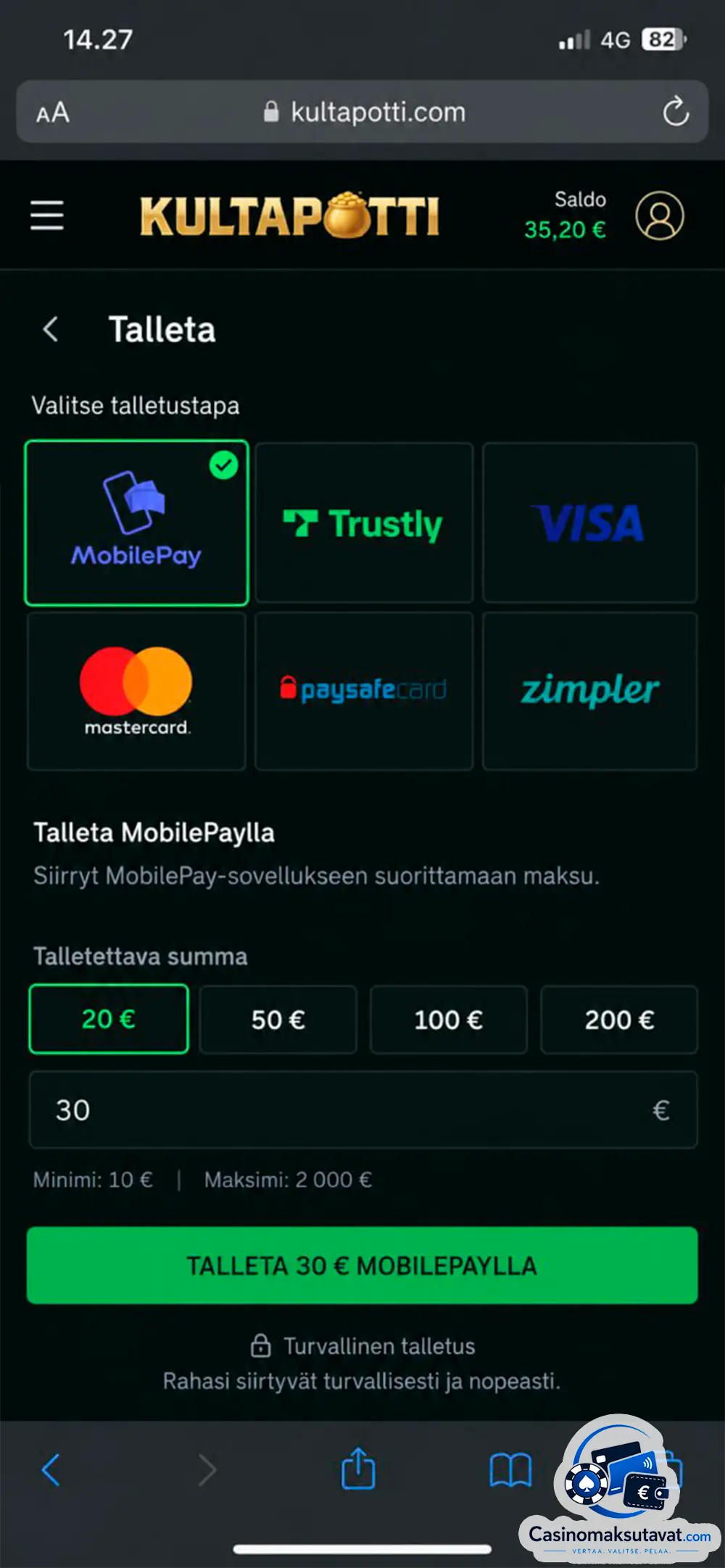 MobilePay casino talletus