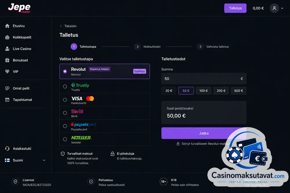 Revolut casino talletus