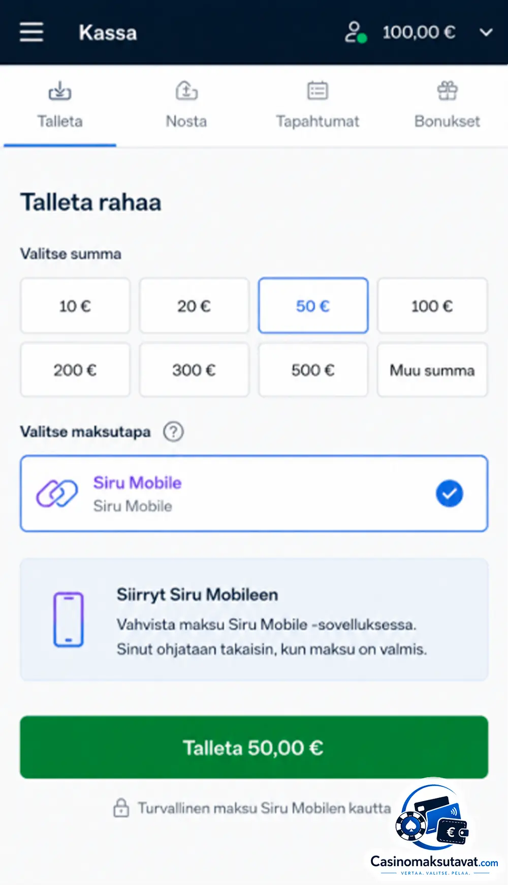 Siru talletus kasinolle